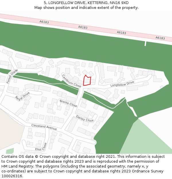 5, LONGFELLOW DRIVE, KETTERING, NN16 9XD: Location map and indicative extent of plot