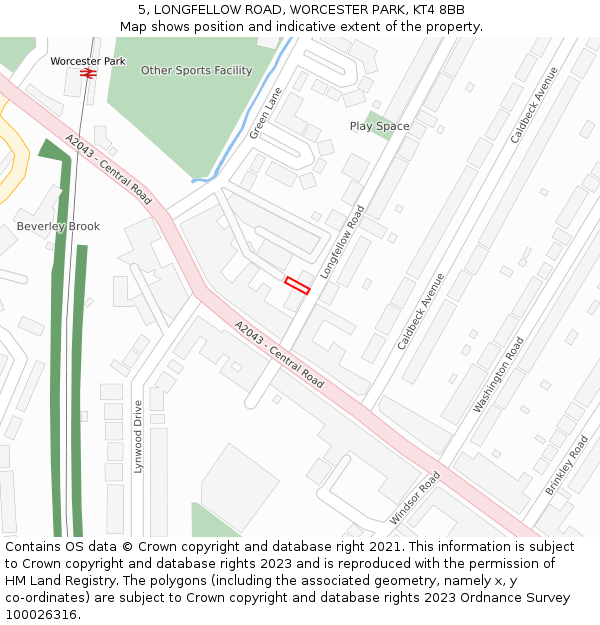 5, LONGFELLOW ROAD, WORCESTER PARK, KT4 8BB: Location map and indicative extent of plot