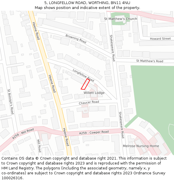 5, LONGFELLOW ROAD, WORTHING, BN11 4NU: Location map and indicative extent of plot