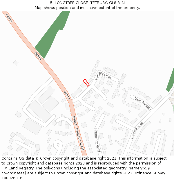 5, LONGTREE CLOSE, TETBURY, GL8 8LN: Location map and indicative extent of plot