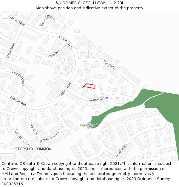 5, LORIMER CLOSE, LUTON, LU2 7RL: Location map and indicative extent of plot