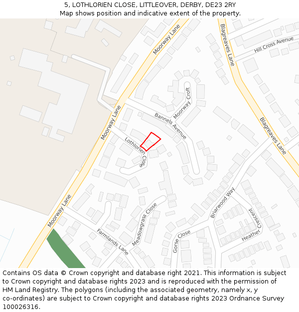 5, LOTHLORIEN CLOSE, LITTLEOVER, DERBY, DE23 2RY: Location map and indicative extent of plot