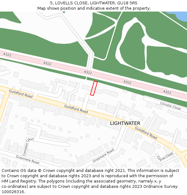 5, LOVELLS CLOSE, LIGHTWATER, GU18 5RS: Location map and indicative extent of plot