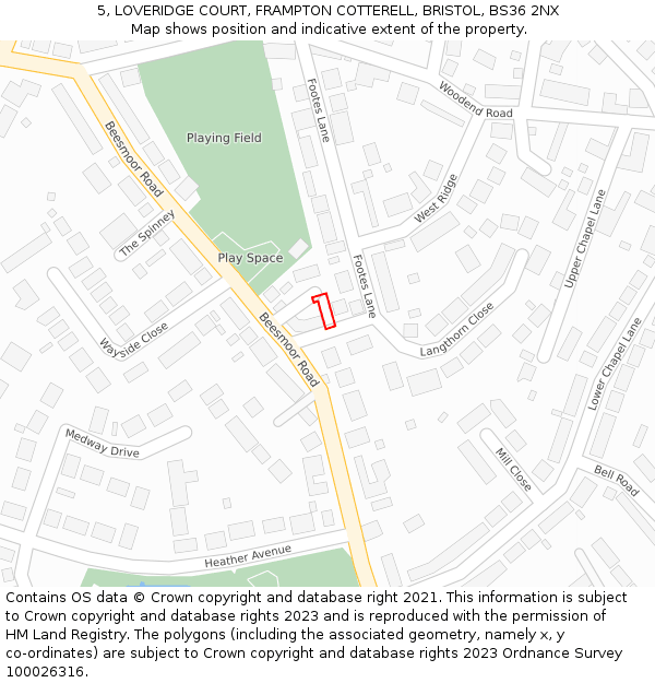 5, LOVERIDGE COURT, FRAMPTON COTTERELL, BRISTOL, BS36 2NX: Location map and indicative extent of plot