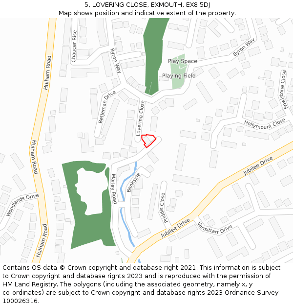 5, LOVERING CLOSE, EXMOUTH, EX8 5DJ: Location map and indicative extent of plot