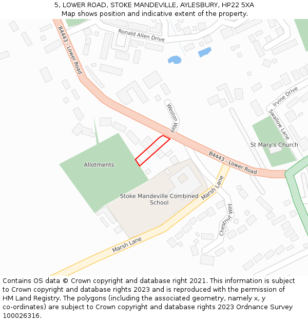 5, LOWER ROAD, STOKE MANDEVILLE, AYLESBURY, HP22 5XA: Location map and indicative extent of plot