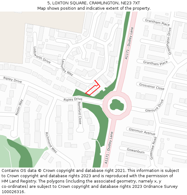 5, LOXTON SQUARE, CRAMLINGTON, NE23 7XT: Location map and indicative extent of plot