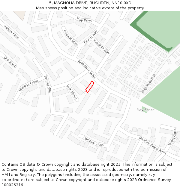 5, MAGNOLIA DRIVE, RUSHDEN, NN10 0XD: Location map and indicative extent of plot