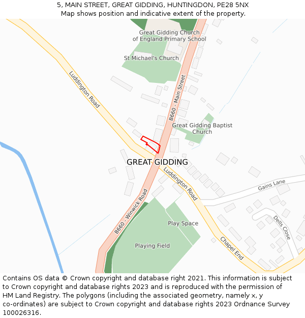 5, MAIN STREET, GREAT GIDDING, HUNTINGDON, PE28 5NX: Location map and indicative extent of plot