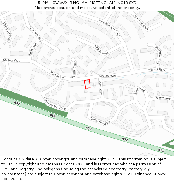 5, MALLOW WAY, BINGHAM, NOTTINGHAM, NG13 8XD: Location map and indicative extent of plot