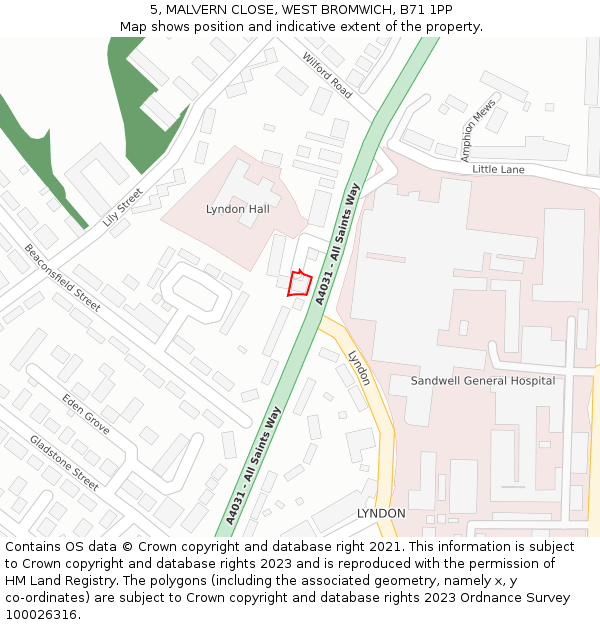 5, MALVERN CLOSE, WEST BROMWICH, B71 1PP: Location map and indicative extent of plot