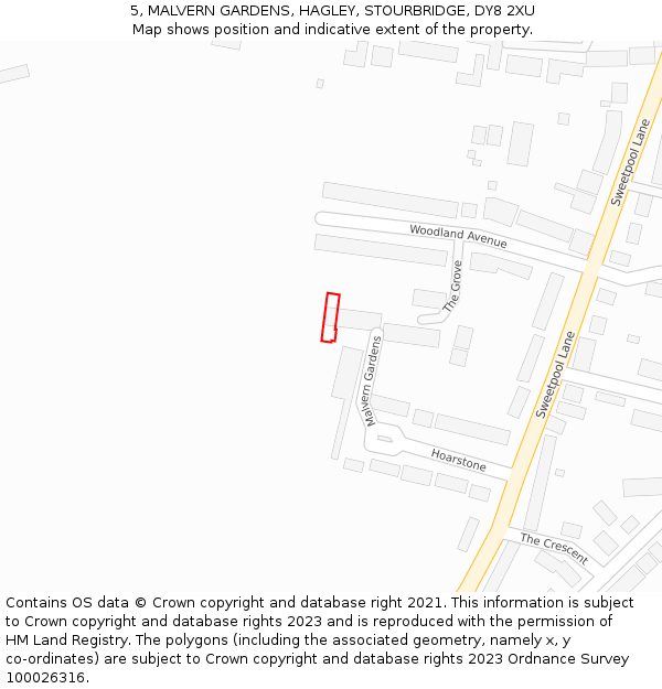 5, MALVERN GARDENS, HAGLEY, STOURBRIDGE, DY8 2XU: Location map and indicative extent of plot