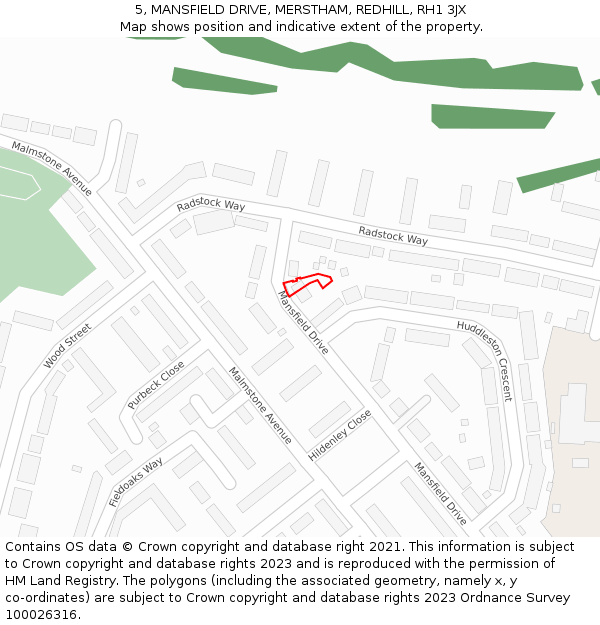 5, MANSFIELD DRIVE, MERSTHAM, REDHILL, RH1 3JX: Location map and indicative extent of plot