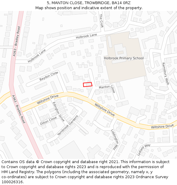 5, MANTON CLOSE, TROWBRIDGE, BA14 0RZ: Location map and indicative extent of plot