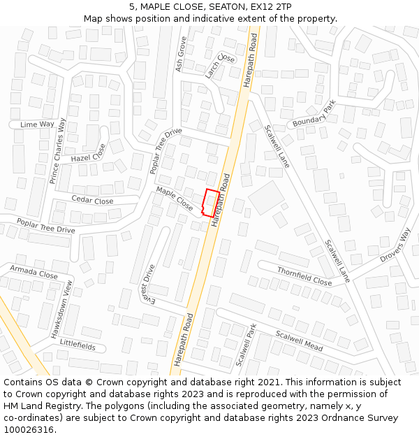 5, MAPLE CLOSE, SEATON, EX12 2TP: Location map and indicative extent of plot
