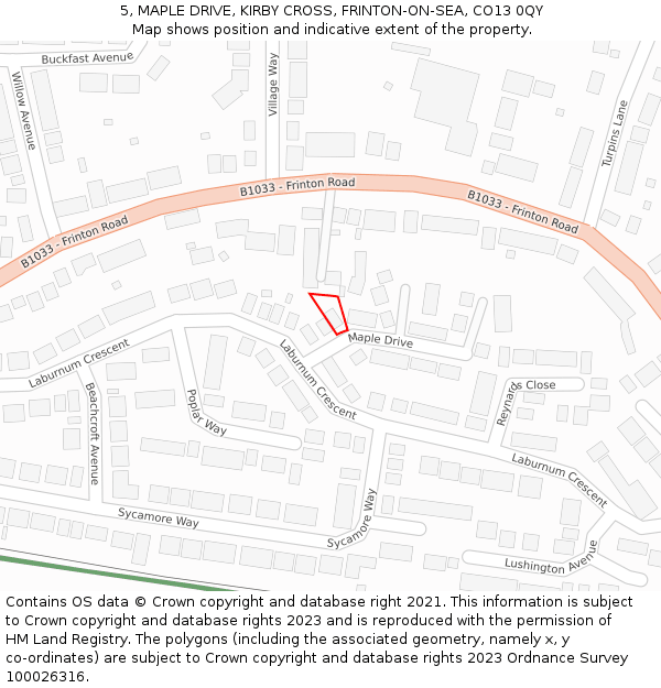 5, MAPLE DRIVE, KIRBY CROSS, FRINTON-ON-SEA, CO13 0QY: Location map and indicative extent of plot