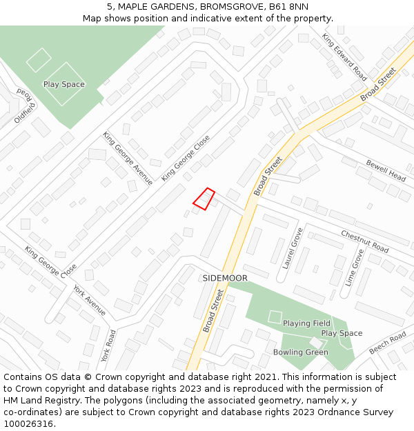 5, MAPLE GARDENS, BROMSGROVE, B61 8NN: Location map and indicative extent of plot