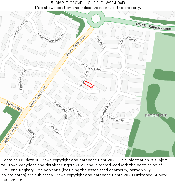 5, MAPLE GROVE, LICHFIELD, WS14 9XB: Location map and indicative extent of plot