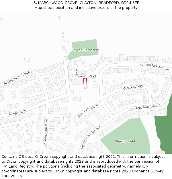5, MARCHWOOD GROVE, CLAYTON, BRADFORD, BD14 6EF: Location map and indicative extent of plot