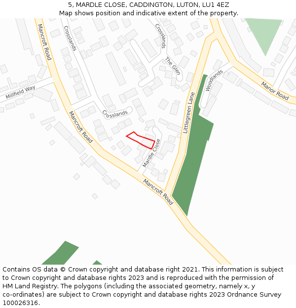 5, MARDLE CLOSE, CADDINGTON, LUTON, LU1 4EZ: Location map and indicative extent of plot
