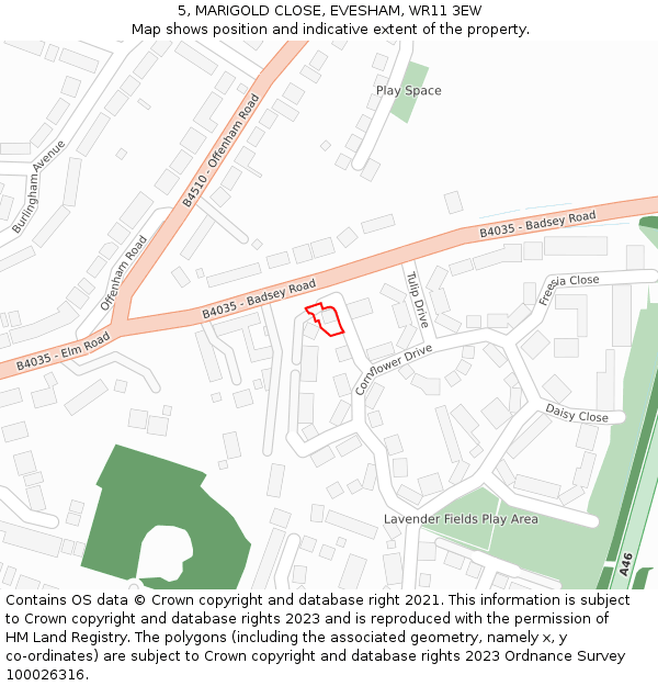 5, MARIGOLD CLOSE, EVESHAM, WR11 3EW: Location map and indicative extent of plot