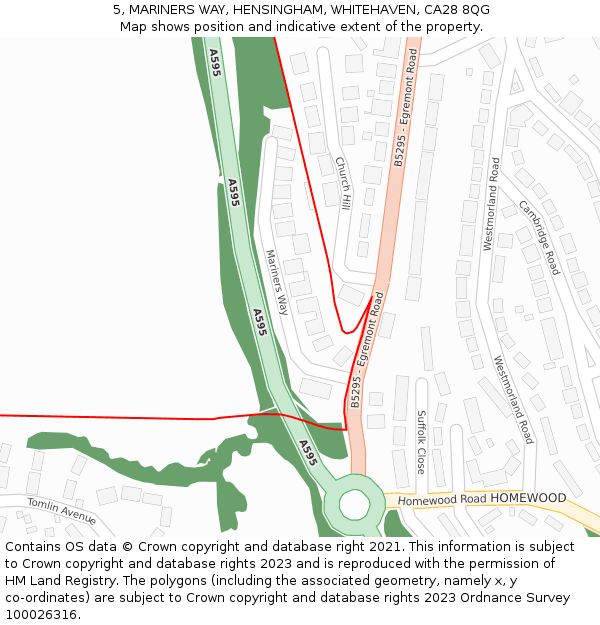 5, MARINERS WAY, HENSINGHAM, WHITEHAVEN, CA28 8QG: Location map and indicative extent of plot