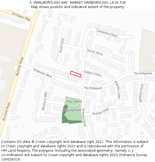 5, MARLBOROUGH WAY, MARKET HARBOROUGH, LE16 7LW: Location map and indicative extent of plot