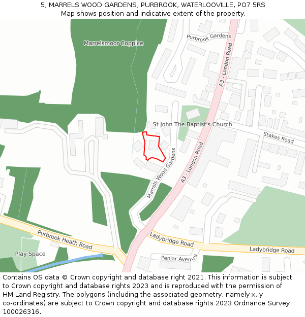 5, MARRELS WOOD GARDENS, PURBROOK, WATERLOOVILLE, PO7 5RS: Location map and indicative extent of plot