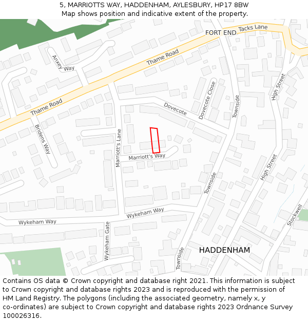 5, MARRIOTTS WAY, HADDENHAM, AYLESBURY, HP17 8BW: Location map and indicative extent of plot