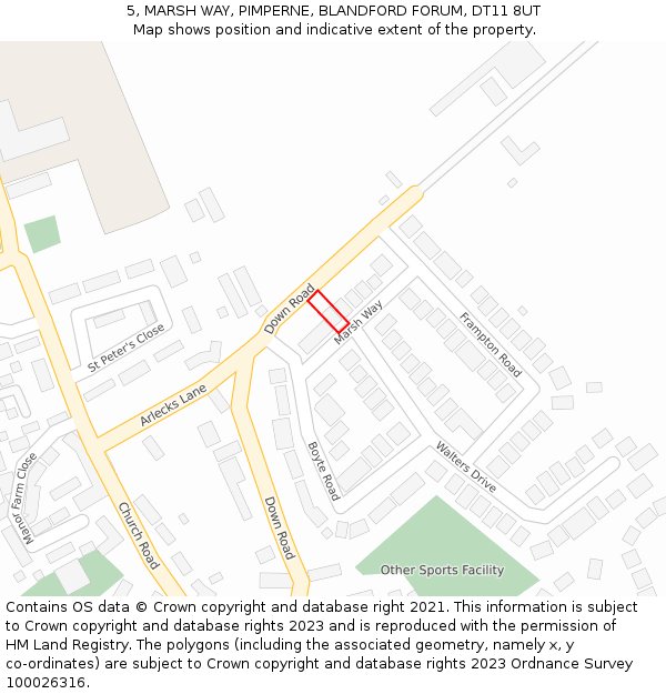 5, MARSH WAY, PIMPERNE, BLANDFORD FORUM, DT11 8UT: Location map and indicative extent of plot