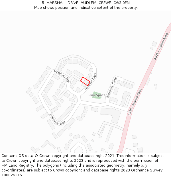 5, MARSHALL DRIVE, AUDLEM, CREWE, CW3 0FN: Location map and indicative extent of plot