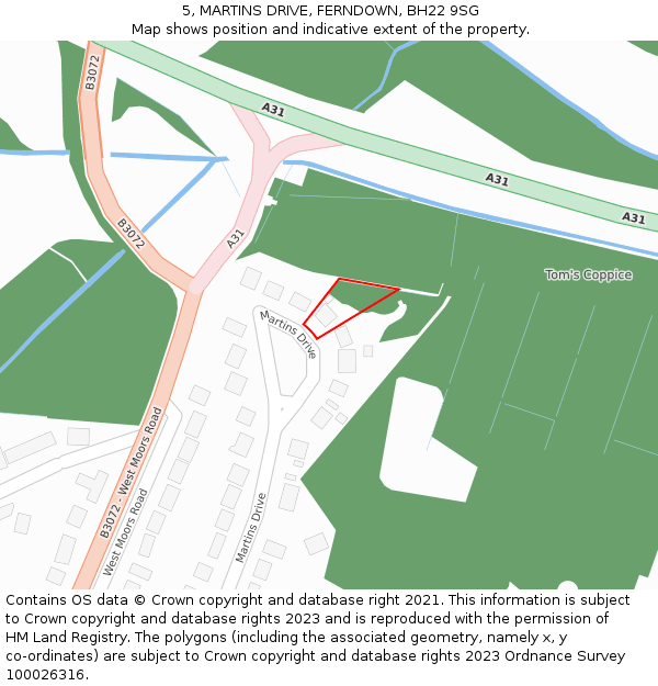 5, MARTINS DRIVE, FERNDOWN, BH22 9SG: Location map and indicative extent of plot
