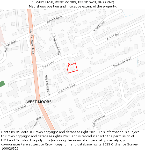 5, MARY LANE, WEST MOORS, FERNDOWN, BH22 0NQ: Location map and indicative extent of plot