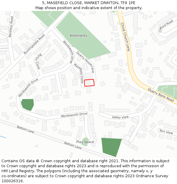 5, MASEFIELD CLOSE, MARKET DRAYTON, TF9 1PE: Location map and indicative extent of plot