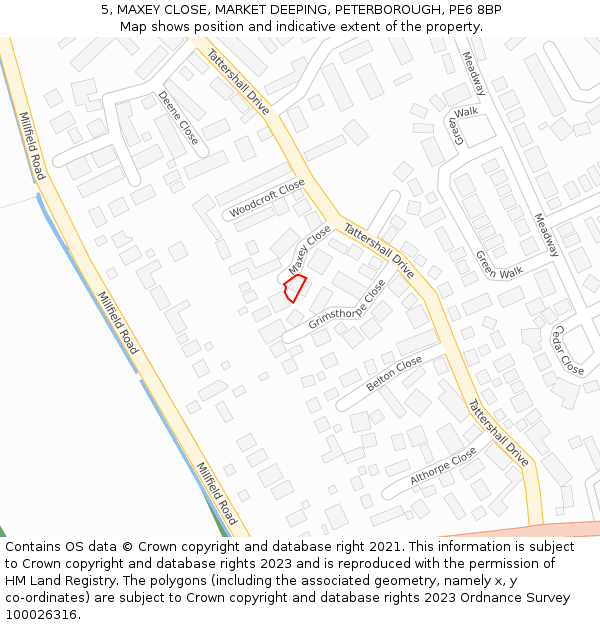 5, MAXEY CLOSE, MARKET DEEPING, PETERBOROUGH, PE6 8BP: Location map and indicative extent of plot