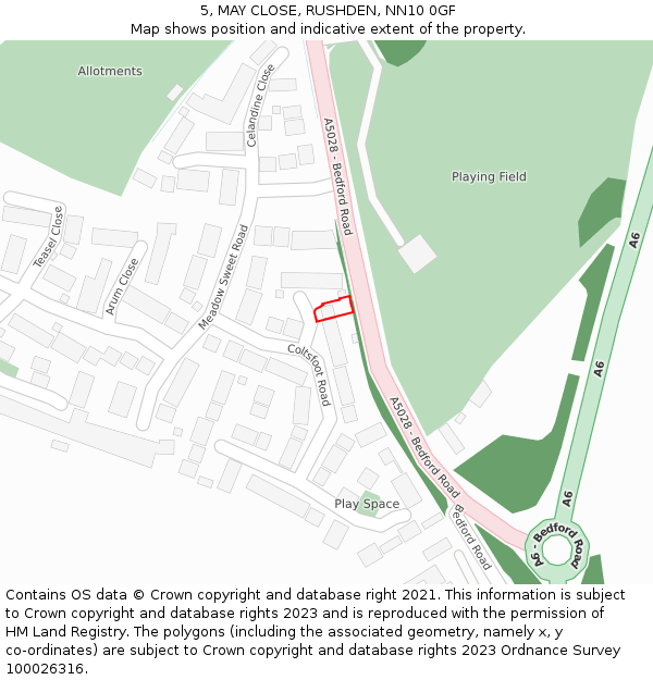 5, MAY CLOSE, RUSHDEN, NN10 0GF: Location map and indicative extent of plot