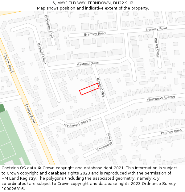 5, MAYFIELD WAY, FERNDOWN, BH22 9HP: Location map and indicative extent of plot