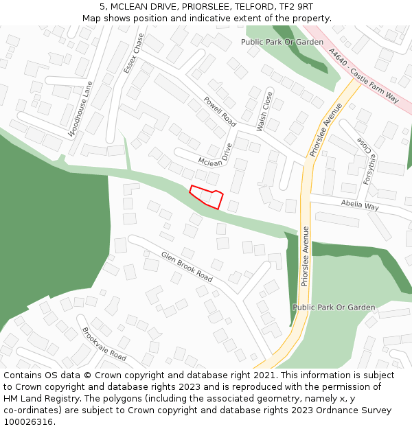 5, MCLEAN DRIVE, PRIORSLEE, TELFORD, TF2 9RT: Location map and indicative extent of plot