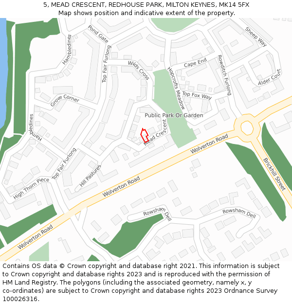 5, MEAD CRESCENT, REDHOUSE PARK, MILTON KEYNES, MK14 5FX: Location map and indicative extent of plot