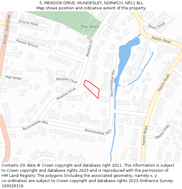 5, MEADOW DRIVE, MUNDESLEY, NORWICH, NR11 8LL: Location map and indicative extent of plot