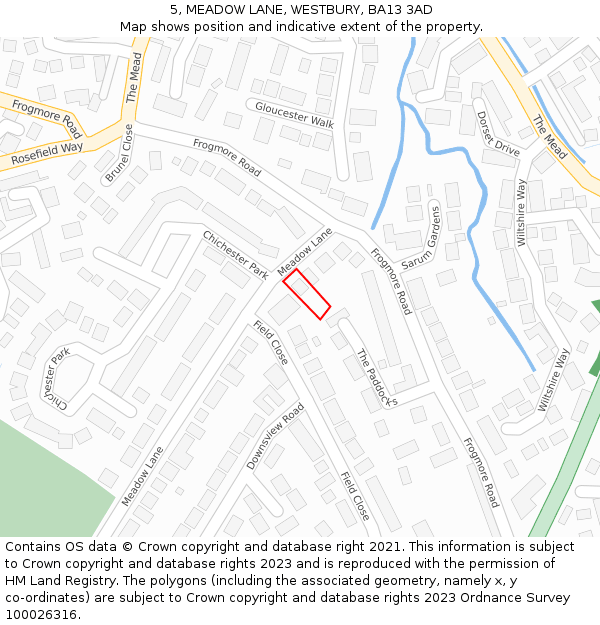 5, MEADOW LANE, WESTBURY, BA13 3AD: Location map and indicative extent of plot