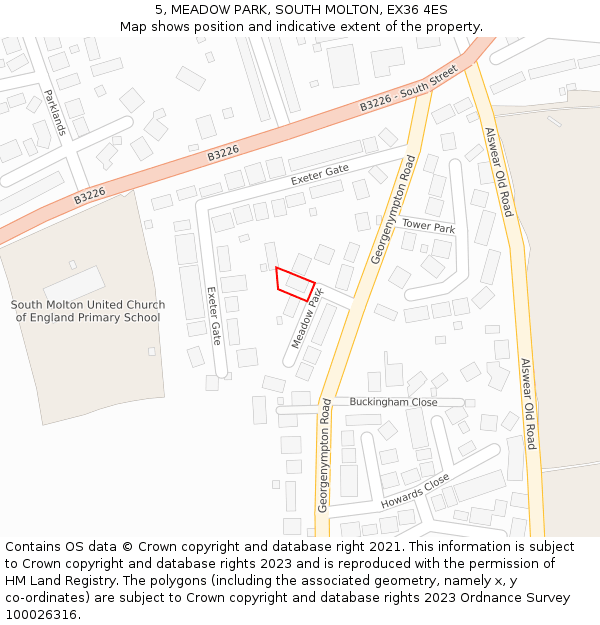 5, MEADOW PARK, SOUTH MOLTON, EX36 4ES: Location map and indicative extent of plot