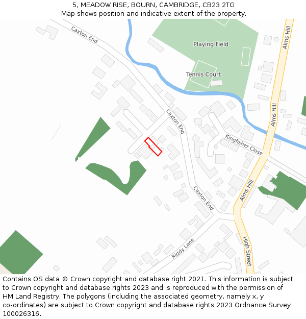 5, MEADOW RISE, BOURN, CAMBRIDGE, CB23 2TG: Location map and indicative extent of plot