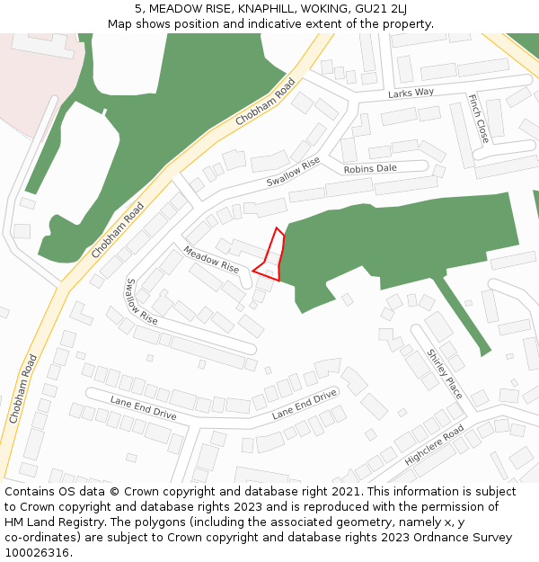 5, MEADOW RISE, KNAPHILL, WOKING, GU21 2LJ: Location map and indicative extent of plot