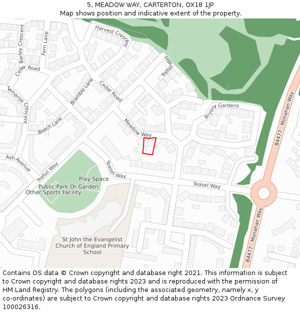 5, MEADOW WAY, CARTERTON, OX18 1JP: Location map and indicative extent of plot