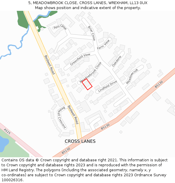 5, MEADOWBROOK CLOSE, CROSS LANES, WREXHAM, LL13 0UX: Location map and indicative extent of plot