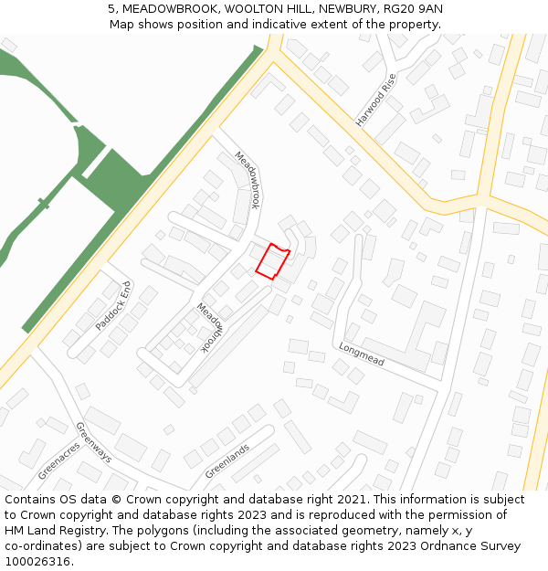 5, MEADOWBROOK, WOOLTON HILL, NEWBURY, RG20 9AN: Location map and indicative extent of plot