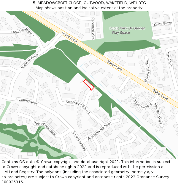 5, MEADOWCROFT CLOSE, OUTWOOD, WAKEFIELD, WF1 3TG: Location map and indicative extent of plot