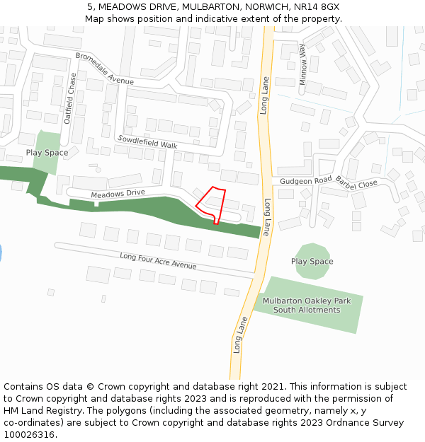 5, MEADOWS DRIVE, MULBARTON, NORWICH, NR14 8GX: Location map and indicative extent of plot