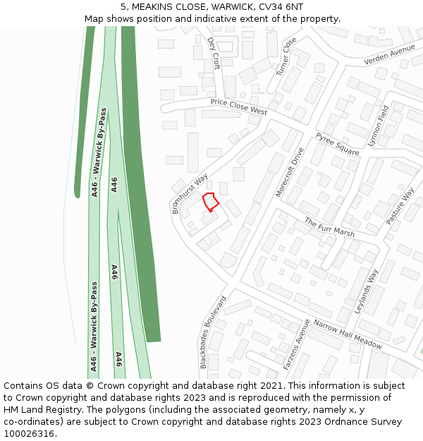 5, MEAKINS CLOSE, WARWICK, CV34 6NT: Location map and indicative extent of plot